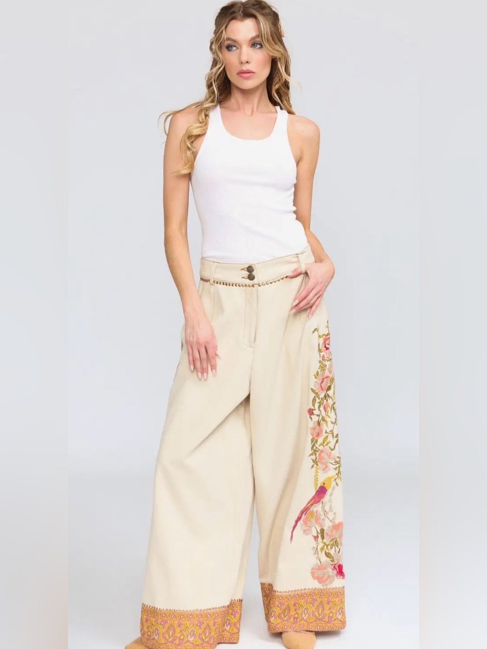 Aratta - Time To Shine Denim Pants - Cream Wide Leg Floral embroidered XS